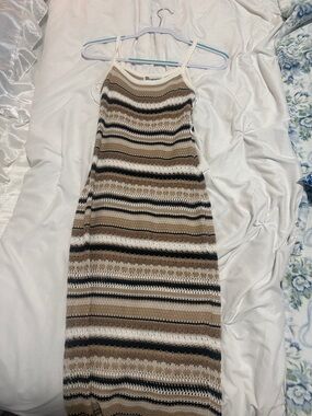 Striped Crochet Knit Spaghetti-Strap Dress in Beige and Black